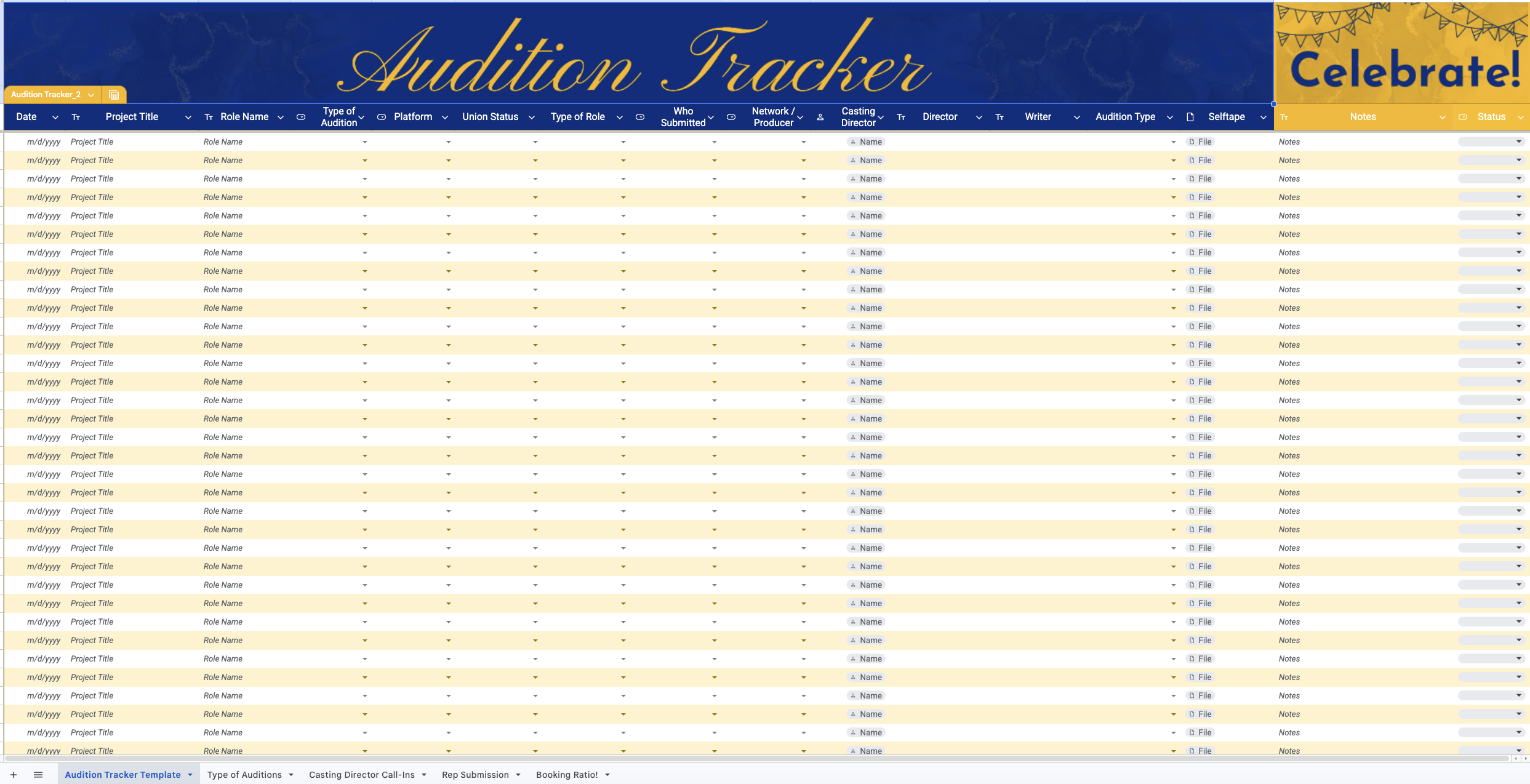 Preview of Neil Kelly's Audition Tracker spreadsheet